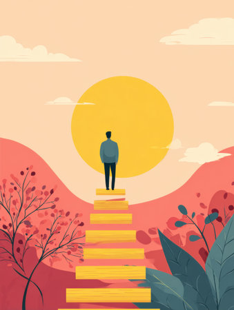 A solitary figure stands on stairs leading to a large sun, representing the path of self-discipline and daily growth amidst a colorful landscape.の素材