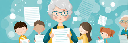 This infographic illustrates seniors and children working together on activity planning for community events, highlighting teamwork and creativity across ages.の素材