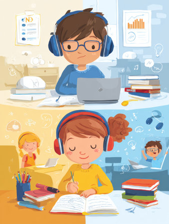 Children engage in various learning styles with headphones on, focusing on tasks like studying and taking notes at their desks in a colorful environment.の素材