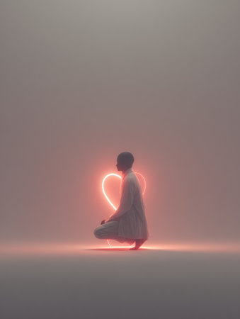 A figure meditates in a serene environment, illuminated by a soft red glow forming a heart shape, capturing a moment of deep mindfulness.の素材