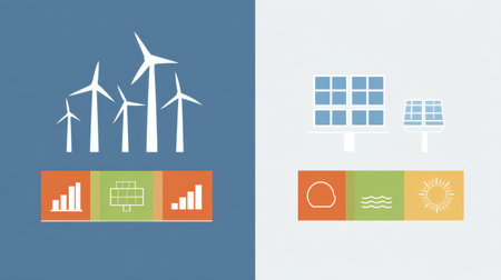 This chart illustrates a comparison of renewable energy sources featuring visual icons for wind turbines, solar panels, and hydroelectric power systems.の素材