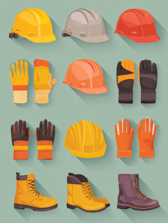 This infographic displays safety gear like hard hats, gloves, and boots in a grid for easy workplace reference.の素材