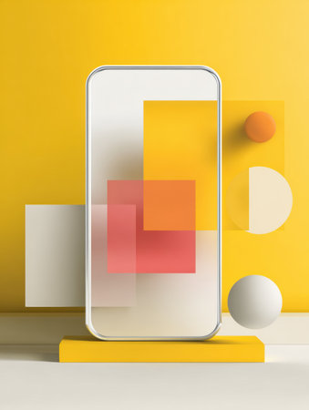 Abstract geometric shapes and colors create a distorted background on a mobile app crash screen, with a clear space on the left side for text or icons.の素材