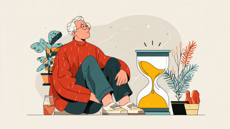 A person sits in a cozy environment, contemplating the importance of self-discipline and personal growth alongside an hourglass, plants, and a drink.の素材