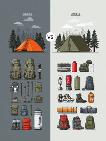 Explore essential gear for hiking versus camping. Discover backpacks, tents, tools, and accessories needed for outdoor adventures.の素材