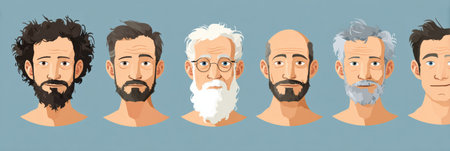 Infographic depicts various stages of male aging, highlighting hormonal shifts and their impact on appearance from youth to old age.の素材