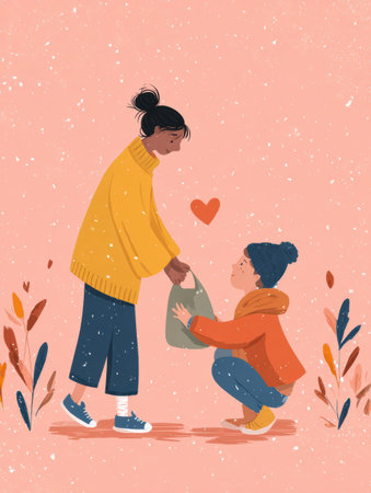 Two children exchange a small bag, showing an act of kindness that promotes empathy and warmth in their community. Enjoy sharing these ideas.の素材
