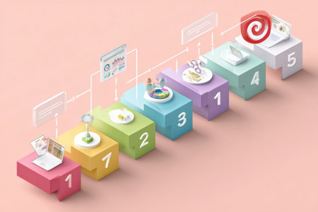 Visual representation of a five-step process for business success featuring icons, arrows, and ample space for additional content in a pastel color scheme.の素材