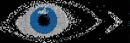 A pixelated eye design is transitioning into a clear, sharp icon, symbolizing digital recovery and enhanced vision in a technology-driven context.の素材
