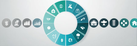 A circular chart shows asset classes and icons, highlighting the principles of investment diversification for better financial management.の素材