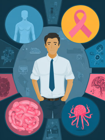 This infographic highlights essential male cancer risk factors and prevention methods using engaging visuals to educate viewers on health awareness.の素材