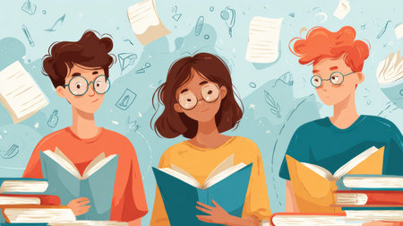 Three students are focused on reading books in a colorful setting, displaying effective habits that contribute to successful learning.の素材