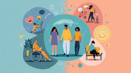 This infographic highlights diverse culturally informed therapy approaches, showing various practitioners and clients in mental health care.の素材