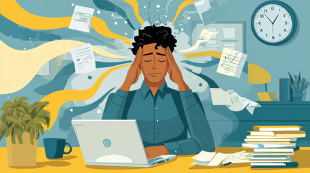 Illustration depicts a man experiencing stress while working at a desk, surrounded by papers and a laptop, with emotional release techniques suggested.の素材