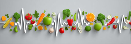 Colorful food icons form a pulse line, emphasizing the connection between a healthy diet and overall well-being, with space for creativity on the left.の素材