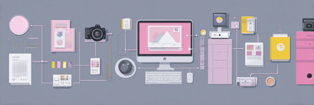 This infographic details the photography workflow, showcasing tools and processes from shooting to final delivery with a stylish design.の素材