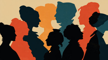 Silhouettes represent notable Hispanic women who impacted US history, highlighting their roles in various fields and their enduring legacy.の素材