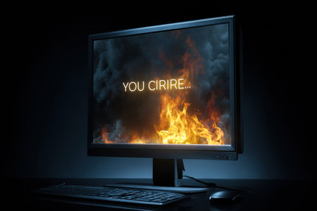 A monitor displays a critical failure message amid flames, indicating severe damage. Smoke rises as the device suffers extensive destruction.の素材