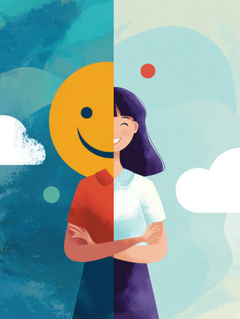 This infographic highlights personal strengths and a joyful identity, blending colors and symbols to convey positivity and self-discovery.の素材