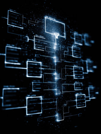 Glowing basketball bracket chart floats in digital cyberspace, showcasing a clean top third and intricate patterns of light and data connection.の素材