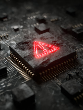 A burnt microchip displays a red blinking warning light symbolizing failure, surrounded by a textured circuit board with various components.の素材