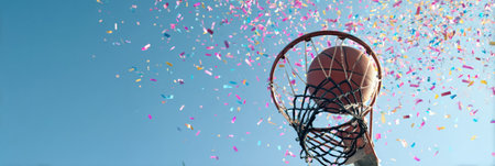 A basketball is flying towards the hoop while vibrant confetti fills the air, capturing a joyful spirit in a festive outdoor scene perfect for celebrations.の素材