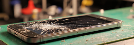 A damaged touchscreen device lies on a tidy work area, showing a shattered screen and indicating a system malfunction that requires repair.の素材