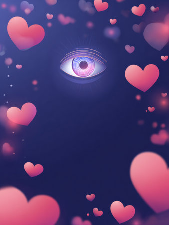 Colorful Vision Month banner featuring a glowing eye icon and heart shapes to promote festivities and awareness.の素材