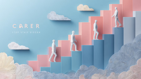 3D clay characters ascend a stylized staircase representing career growth, set against a pastel background symbolizing success and ambition.の素材
