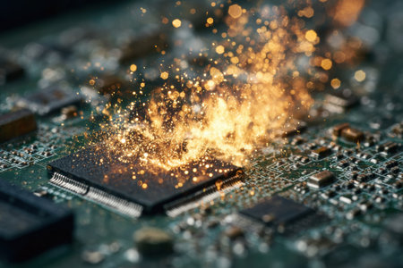 Electrical malfunction on the circuit board results in sparks and burning debris on the surface, indicating severe damage and failure in functionality.の素材