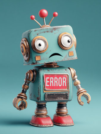 A cartoon robot with a distressed face and an ERROR sign on its chest showcases a playful design with metallic details.の素材