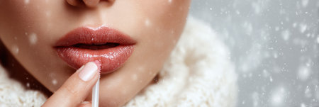 Close-up action of applying lip moisturizer to combat dryness in cold weather, surrounded by a snowy environment that enhances the winter theme.の素材