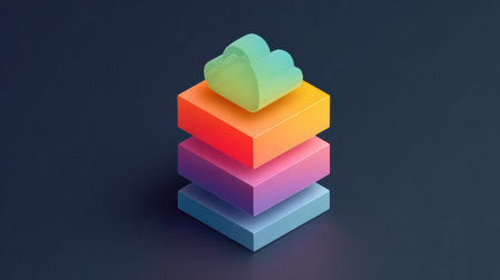 Visual representation of cloud computing service layers IaaS, PaaS, and SaaS in a creative block design featuring vibrant colors and a cloud icon.の素材