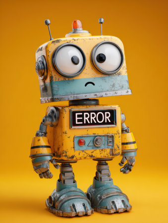 A cartoon-styled robot stands with an ERROR sign displayed on its chest and an open top zone, conveying a sense of confusion and curiosity.の素材