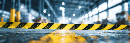 Caution tape stretches across a warehouse floor, limiting visibility of blurred system logs, indicating safety measures in place during equipment maintenance.の素材