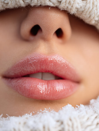 Lips being moisturized to ensure hydration and protection from cold weather, with a focus on softness and skin care in winter conditions.の素材