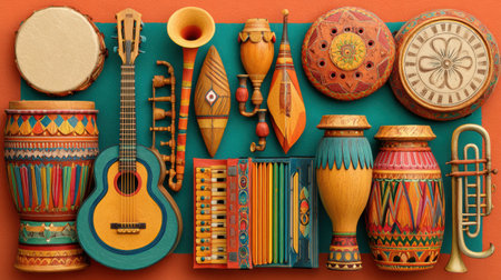 A collage showcases traditional Hispanic musical instruments that reflect rich cultural heritage and creativity while providing space for personal text.の素材