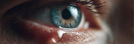 Detailed macro focus on an eye featuring a tear droplet, soft lighting illuminating the intricate iris patterns, conveying an emotional moment with depth.の素材