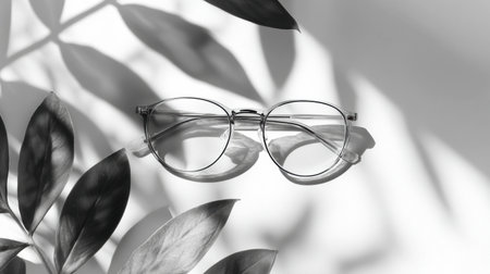 Stylish glasses rest on a minimal flat surface, illuminated by natural light, with delicate plant shadows adding an artistic touch to the scene.の素材
