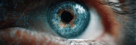 High-definition close-up reveals a pupil with a futuristic biometric identification ring animation, showing advanced technology and intricate details.の素材