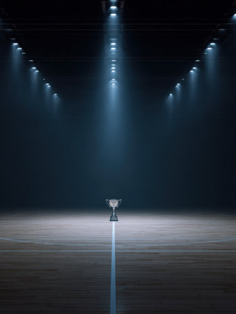 A solitary trophy is highlighted by beams of light on a basketball court, creating a dramatic focus with an empty backdrop ideal for promotional use.の素材