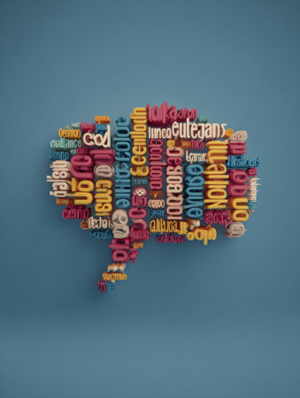 Vibrant Spanish words in a speech bubble showcase the playful mix of languages and cultural exchange happening today.の素材