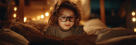 A young child engaged in reading a book, wearing glasses, illuminated by warm, gentle light, surrounded by a cozy atmosphere for a peaceful evening.の素材