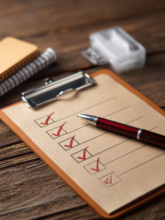 Checklist outlines critical legal essentials for launching a small business, featuring checks completed with a pen, resting on a rustic wooden desk.の素材