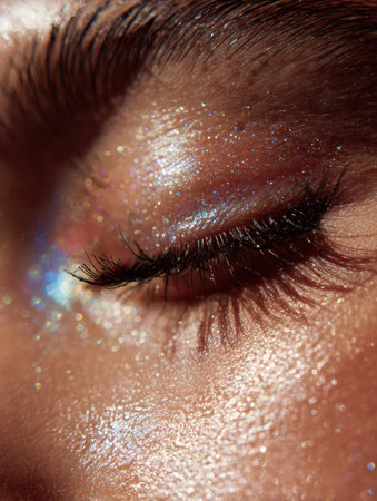 Detailed close-up showing exquisite eyelashes and shimmering eye makeup, highlighting sparkles and reflective beauty elements for a captivating effect.の素材