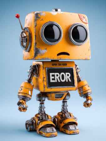 A cartoon-styled robot stands confused, featuring an ERROR sign. Its top zone is open, revealing its internal components against a clean blue backdrop.の素材