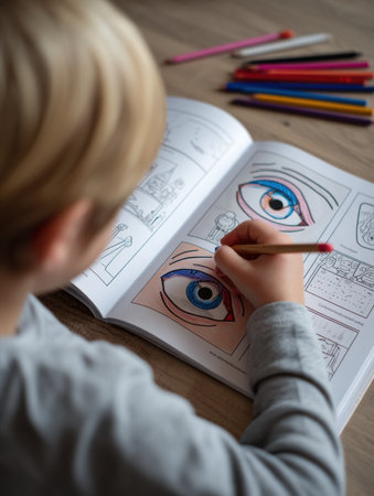 A young child colors various eye shapes in a learning book while surrounded by colored pencils, enhancing their artistic skills in a cozy setting.の素材