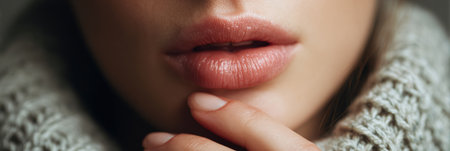 Moisturizing lips in cold weather while wrapped in a cozy sweater, focusing on hydration and nurturing, showing soft and smooth textures.の素材