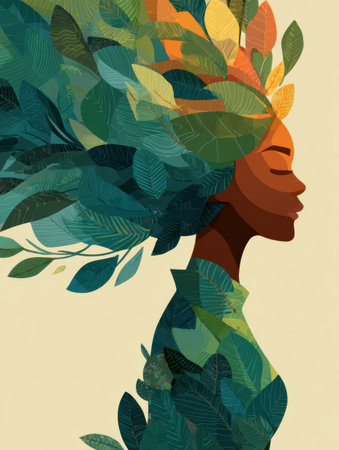 Exploring self-care approaches influenced by cultural heritage depicted through a unique blend of nature and human form, showing harmony and connection.の素材