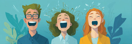 Joyful expressions showcase the power of laughter in reducing stress while promoting positive emotions among friends in a colorful and lively environment.の素材